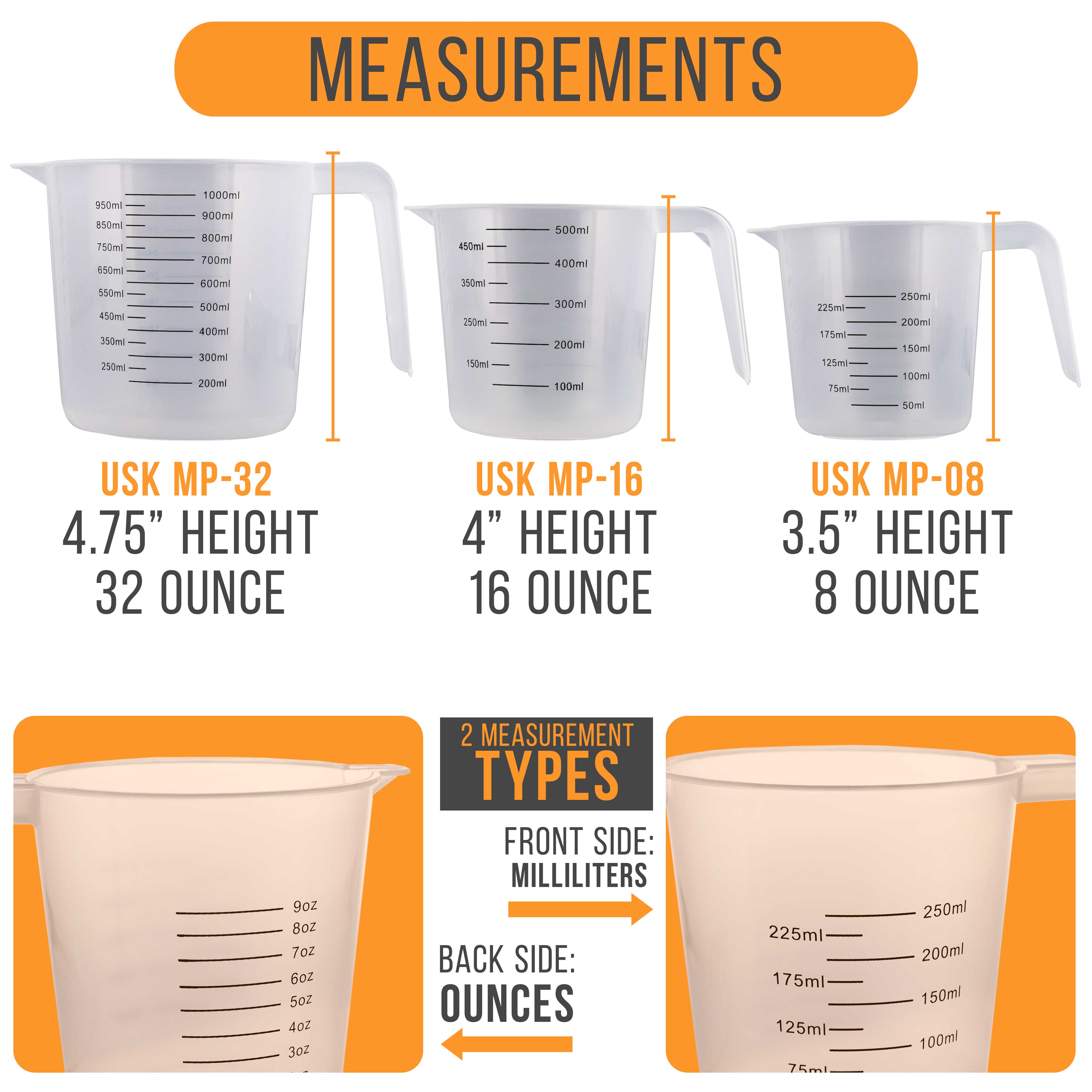 U.S. Kitchen Supply? - Set of 3 Plastic Graduated Measuring Cups with Pitcher Handles - 1, 2 and 4 Cup Capacity, Ounce ML Markings - Measure, Mix, Pour