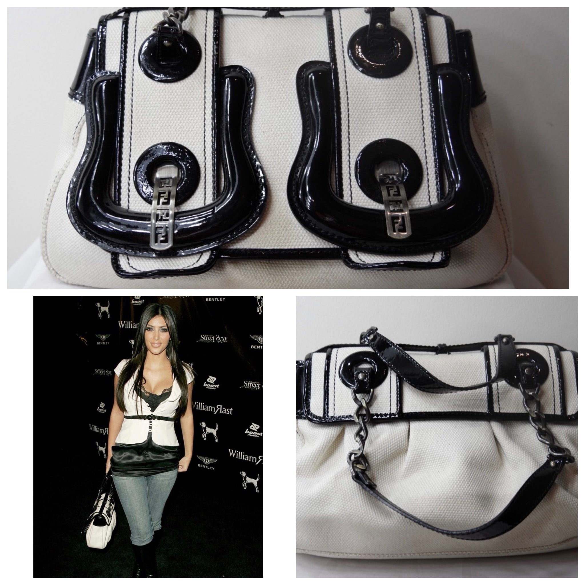 Fendi B Bag in White Fabric and Black Patent Leather