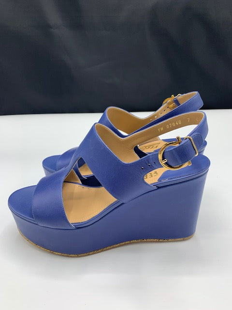 Ferragamo Wedges in Royal Blue with Chain Accent