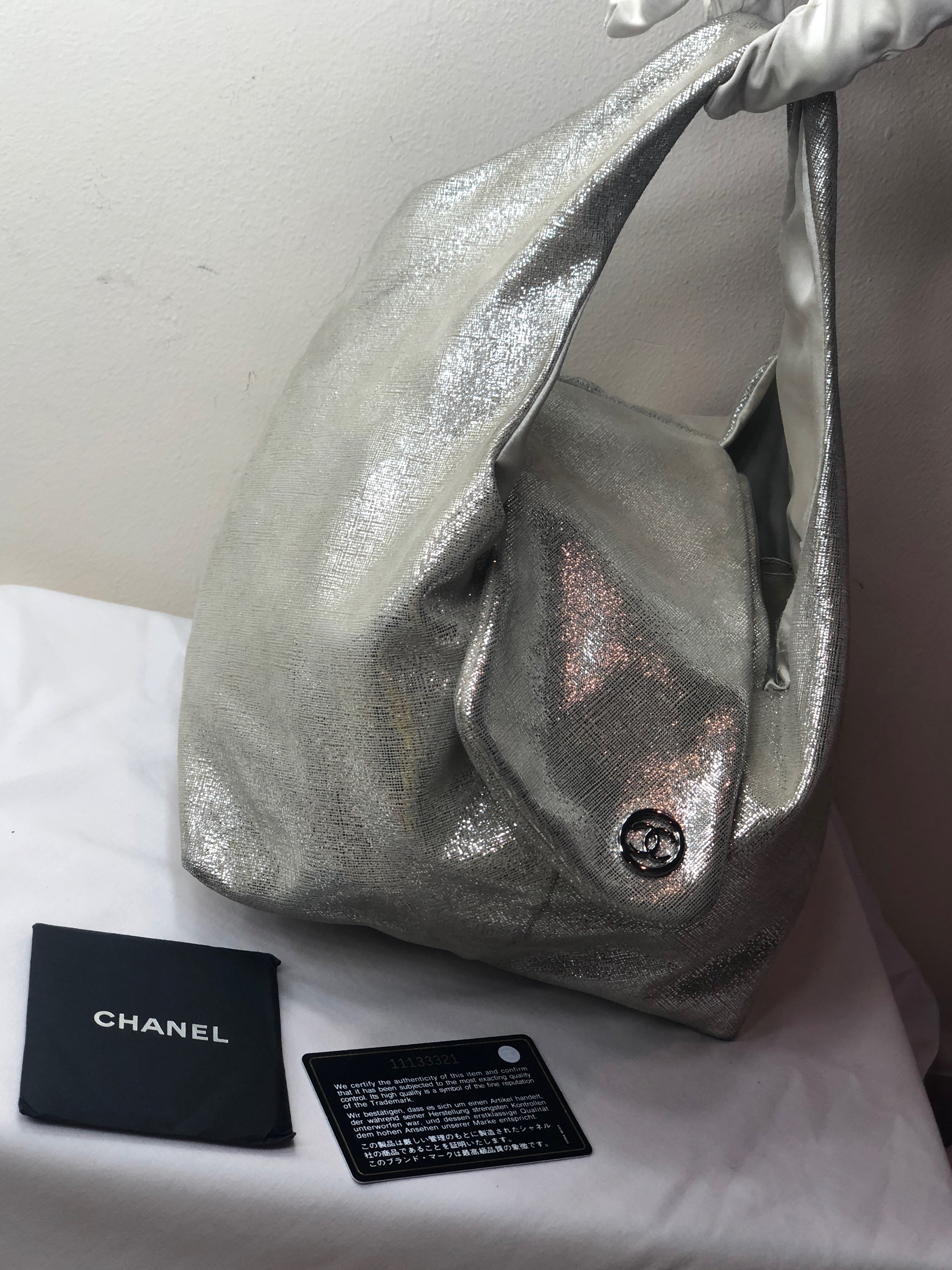 Chanel Bucket Bag in Silver Metallic Leather