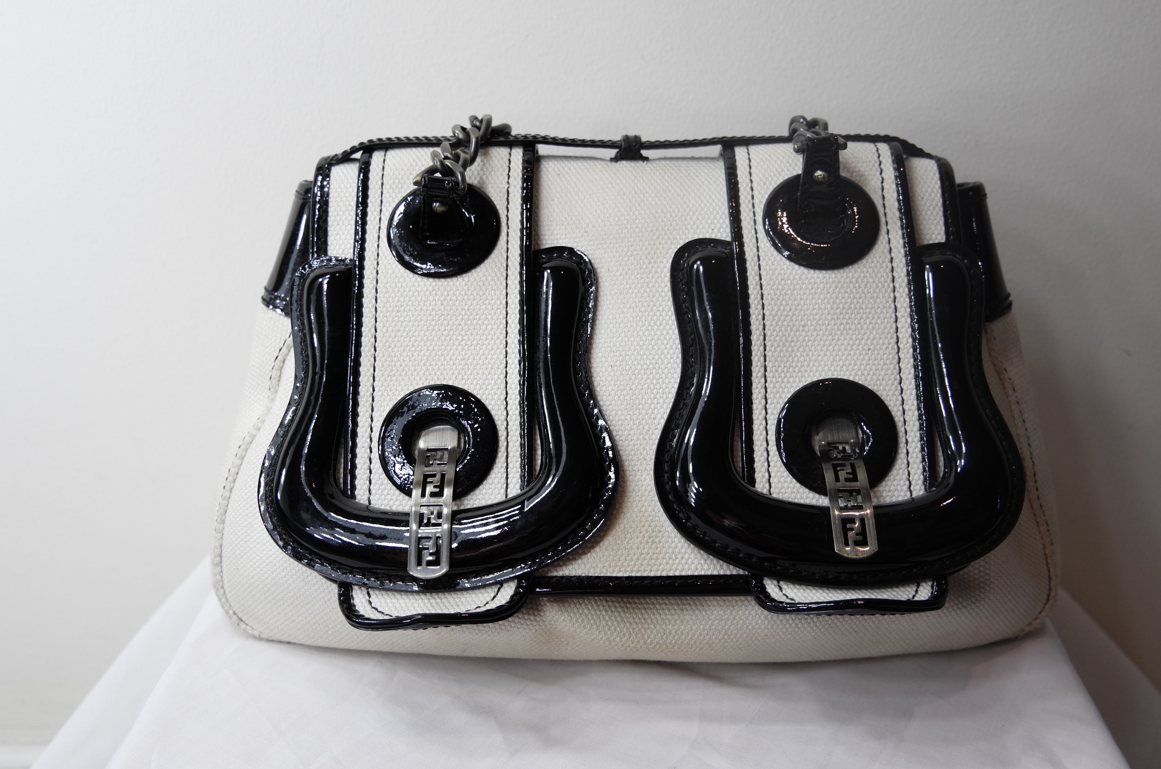 Fendi B Bag in White Fabric and Black Patent Leather