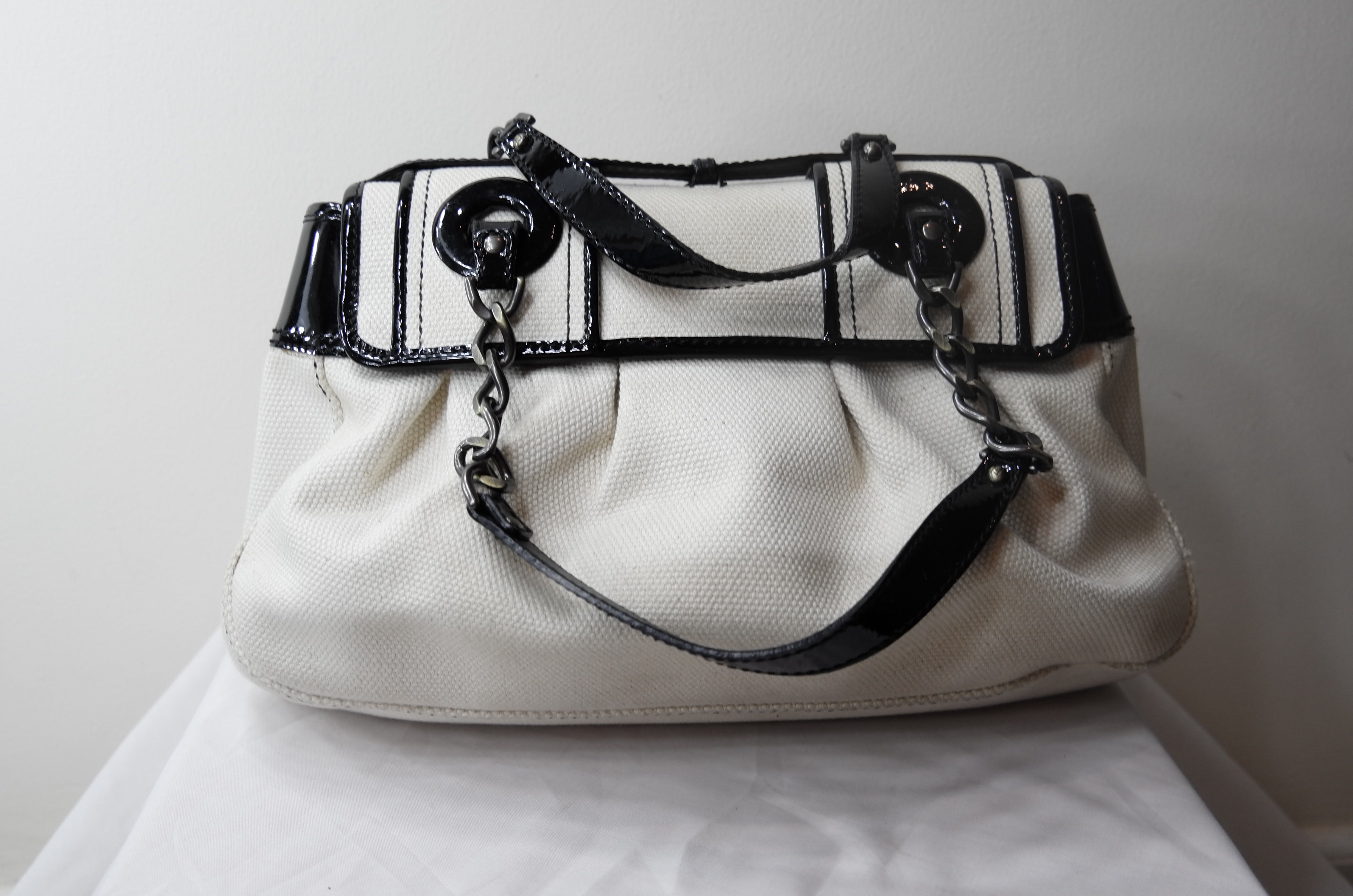 Fendi B Bag in White Fabric and Black Patent Leather