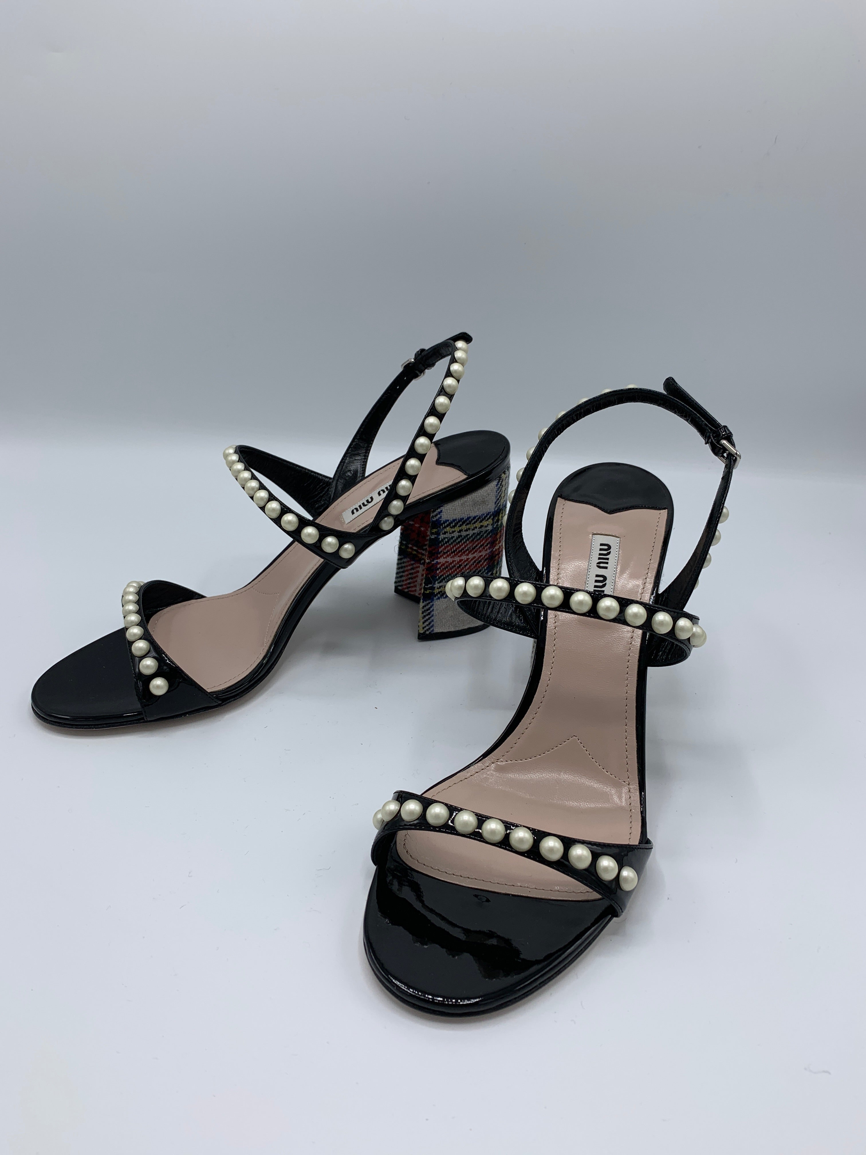 Miu Miu Tartan Heels with Faux Pearl Embellishments