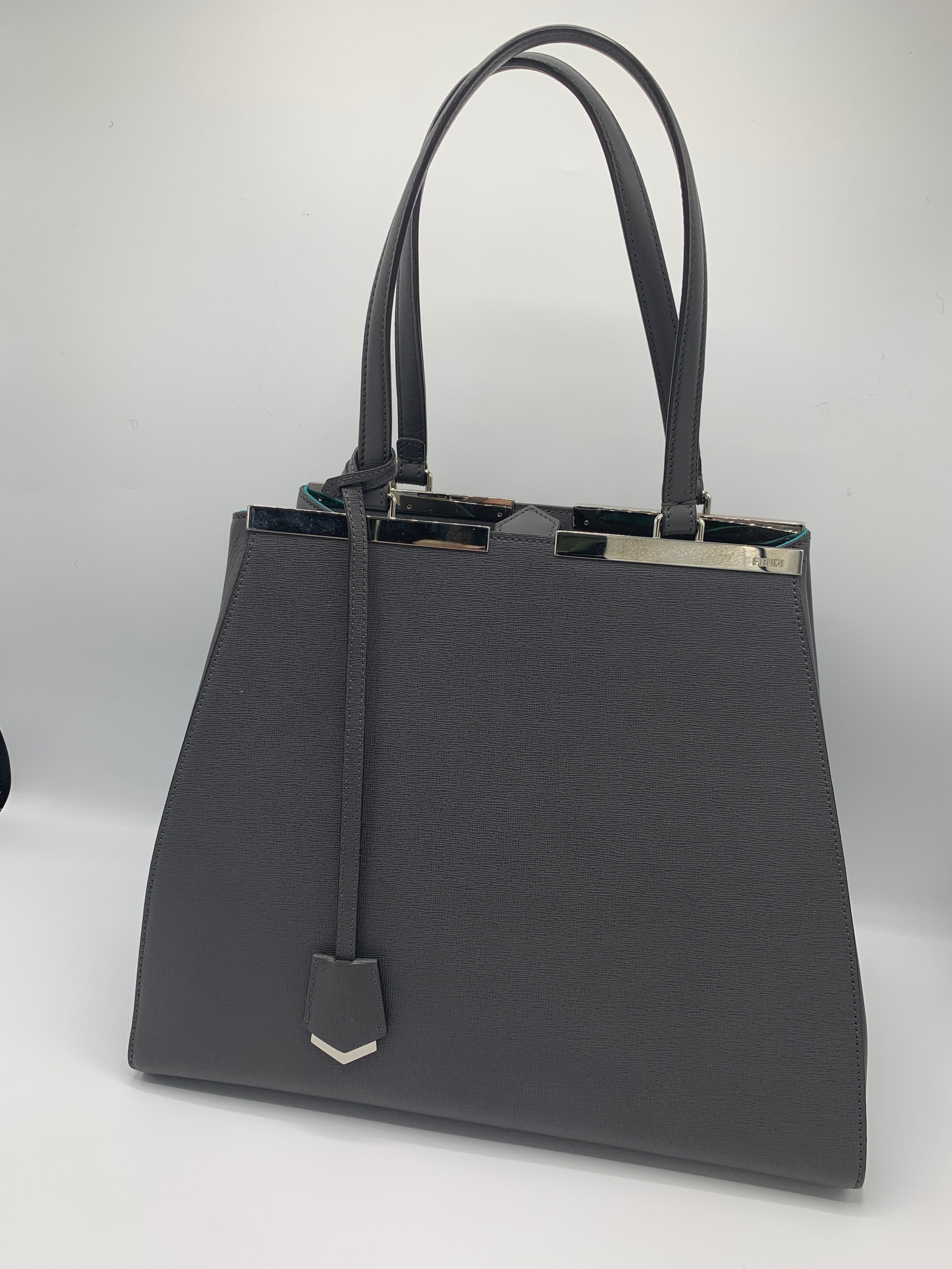 Fendi 2jours in grey saffiano leather with green suede lining