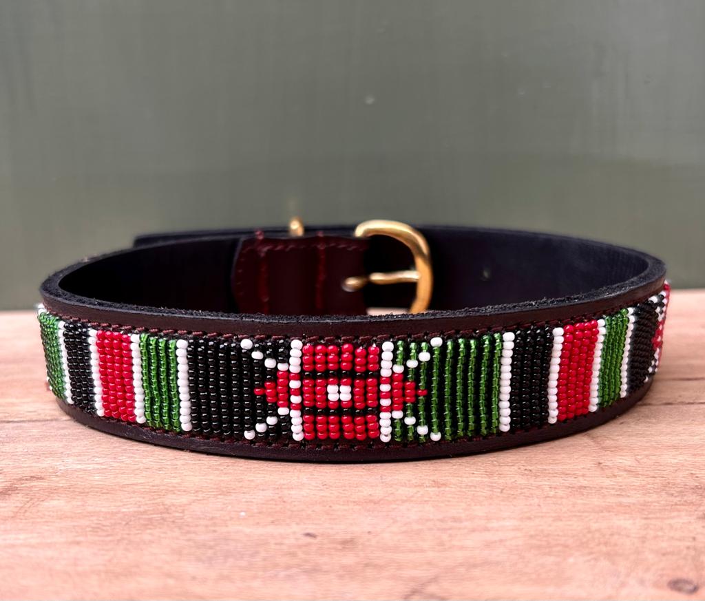kenyan flag inspired beaded leather dog collar
