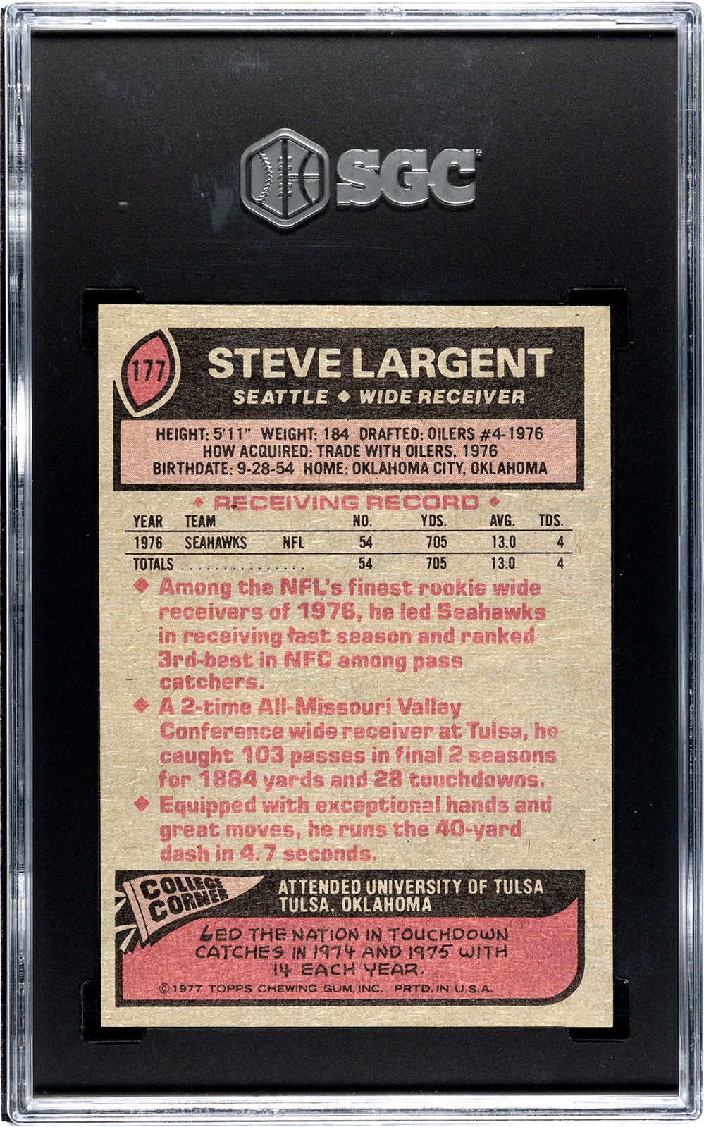 Steve Largent 1977 Topps Card #177 SGC 9