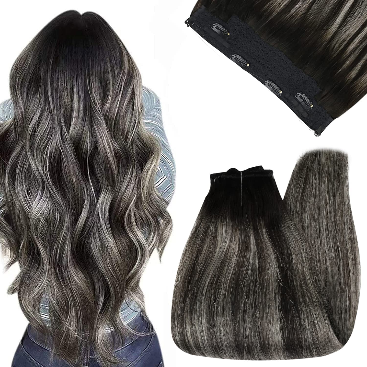 Wire Hair Extensions Human Hair Balayage Black Mixed Silver #1B/Silver/1B |Youngsee