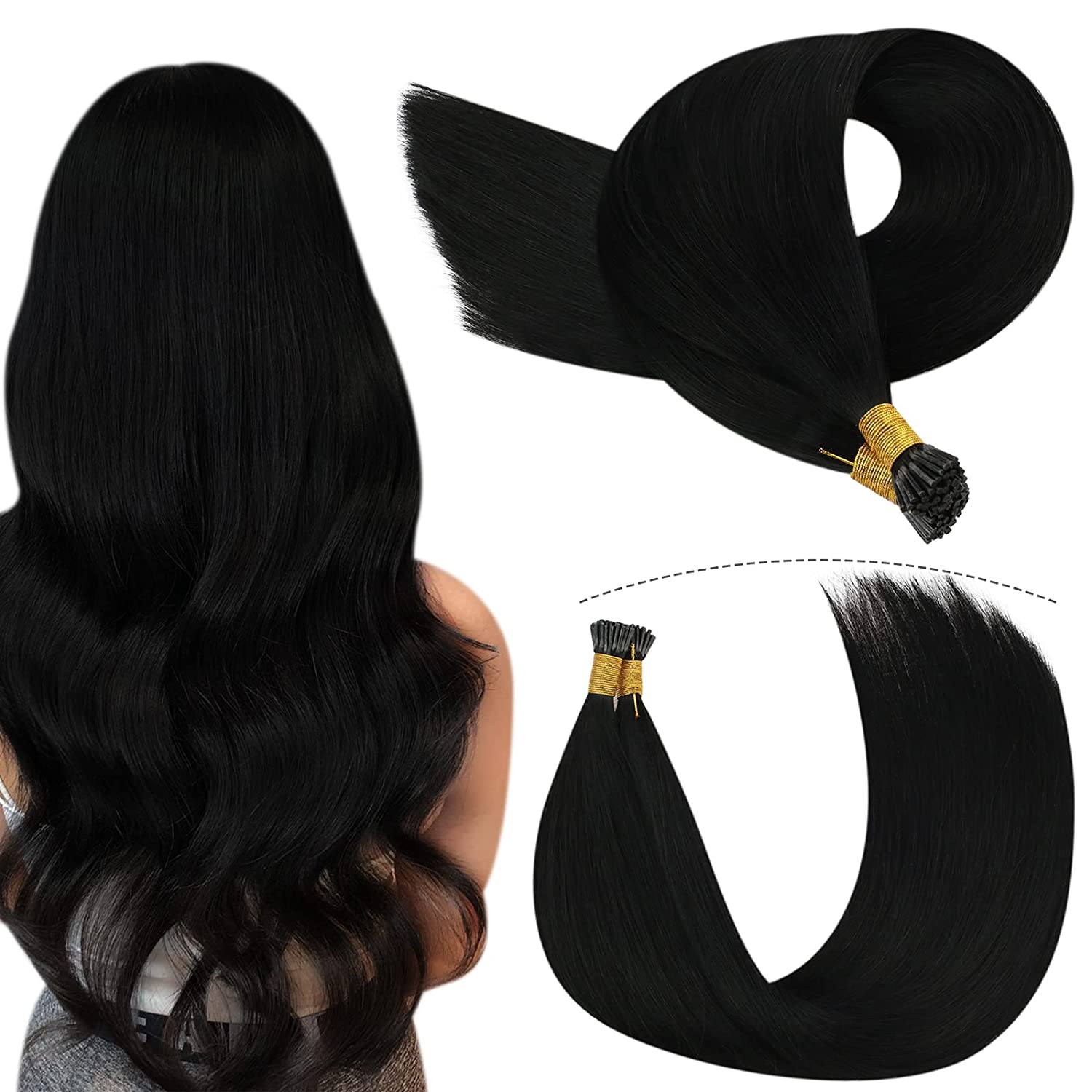 [Buy 1 Get 1 Free] I Tip Remy Human Hair Extensions Keratin Tip Jet Black #1 |Youngsee