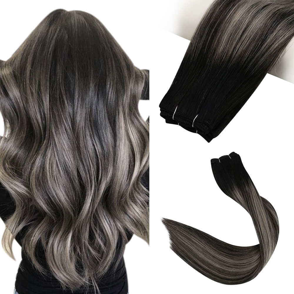 Virgin Machine Weft Hair Bundles Balayage Black With Silver #1B/Silver/1B |Youngsee
