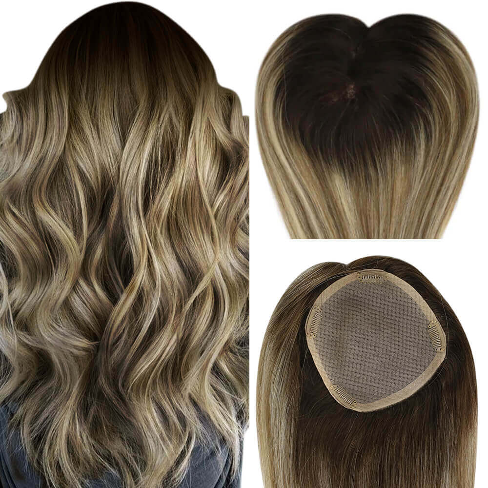 Topper Hair Pieces For Women Balayage Brown To Blonde #3/8/22-5*5 inch |Youngsee