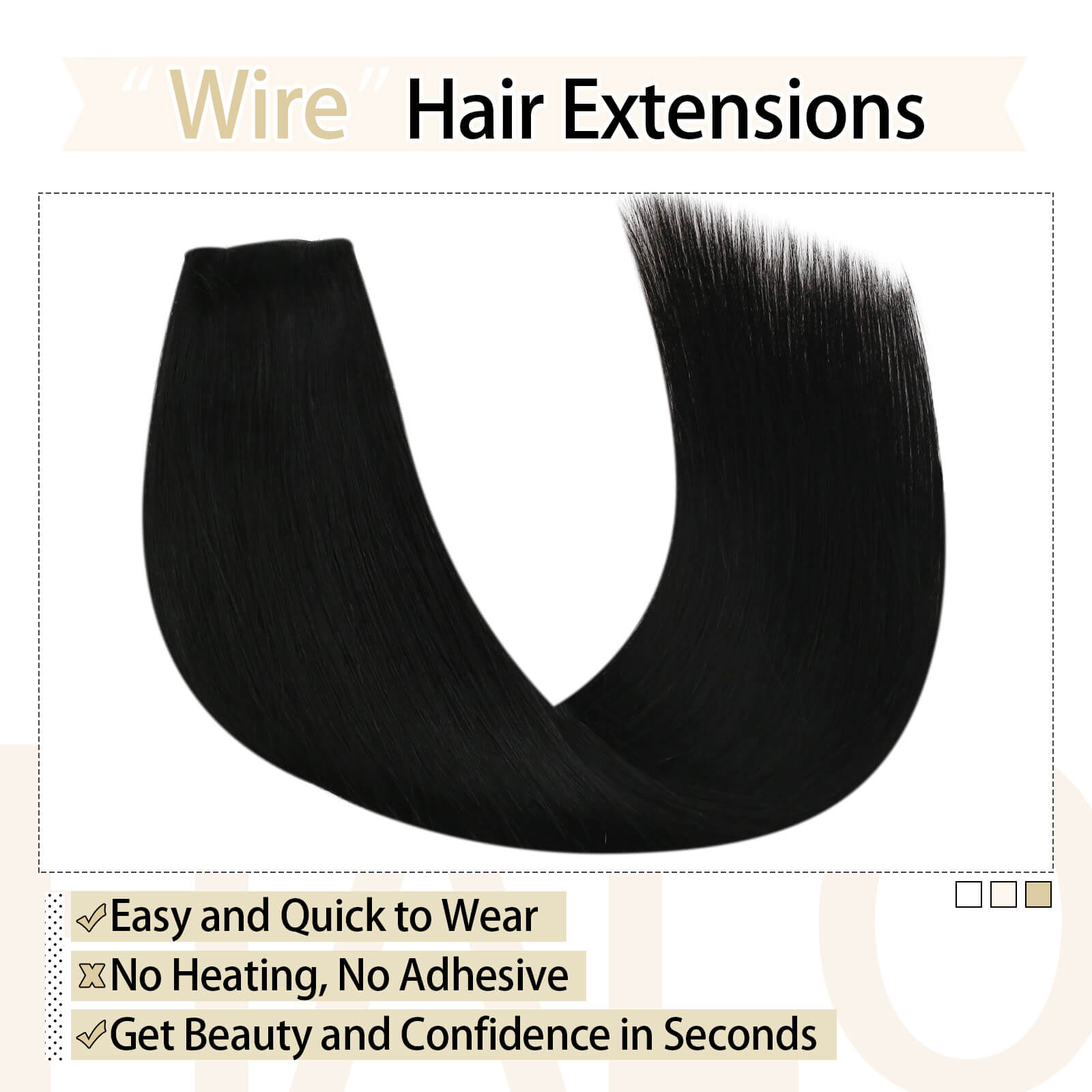 Wire Hair Extensions Real Human Hair Fish Line Extensions Jet Black #1 |Youngsee