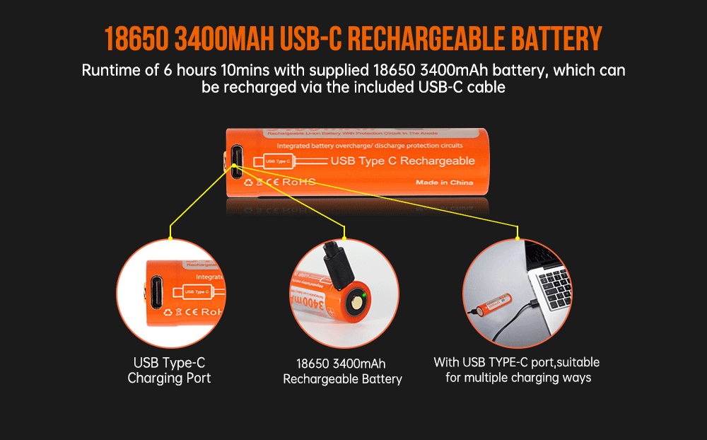 OrcaTorch D530V Red Diving Light 18650 3400mAh Rechargeable battery