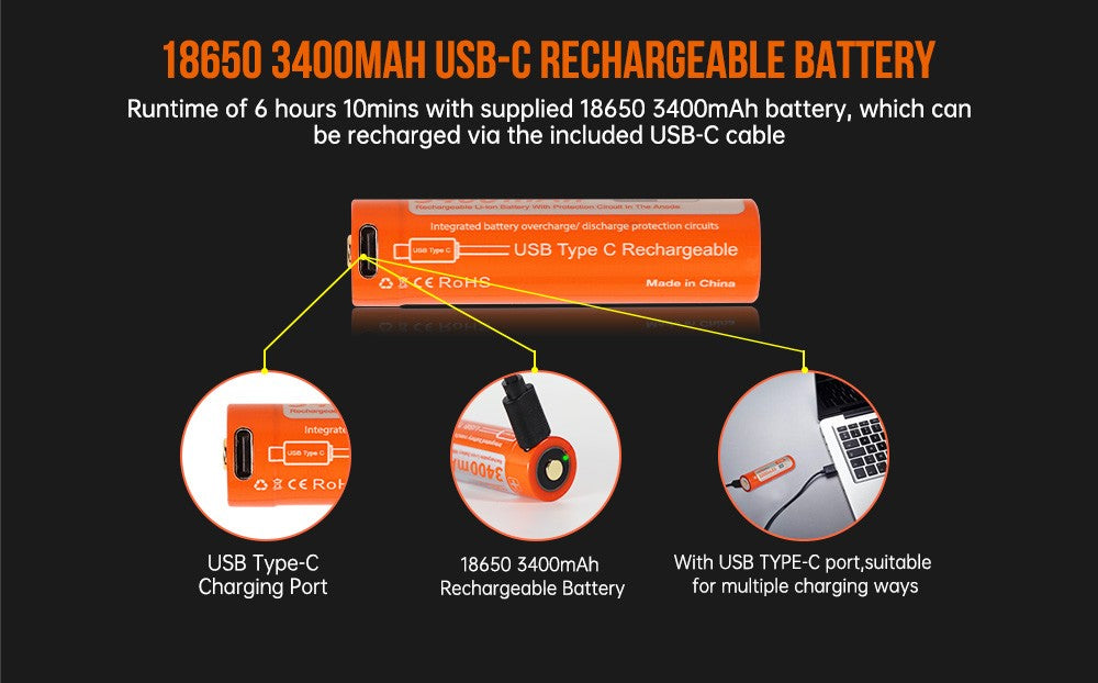 OrcaTorch D530V 395nmUV Scuba Dive Light uses one 18650 3400mAh USB-C rechargeable battery