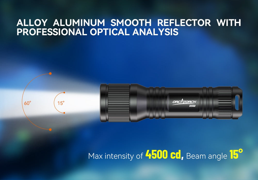 OrcaTorch D560 Dive Light Max intensity of 4500cd, beam angle 15°