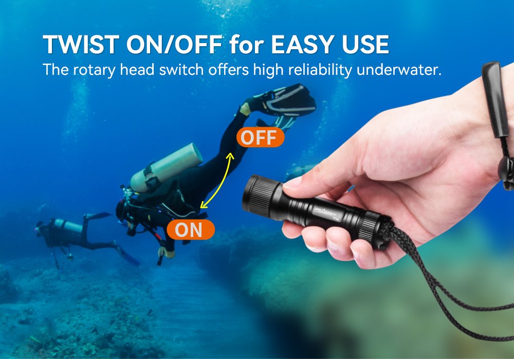 OrcaTorch D560 Dive Light Twist on/off for easy use and high reliability underwater