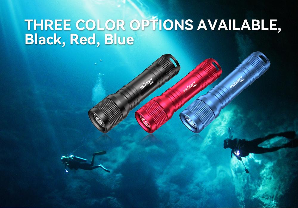 OrcaTorch D560 Dive Light Three color options available blak, red, blue