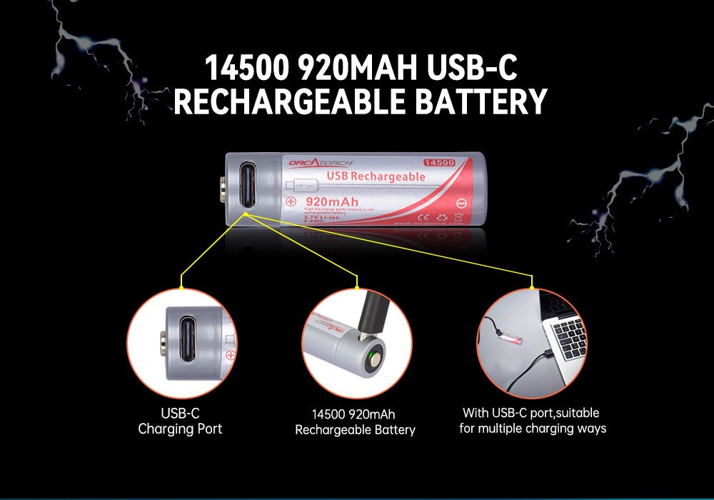 OrcaTorch D560 Dive Light 14500 USB-C rechargeable battery