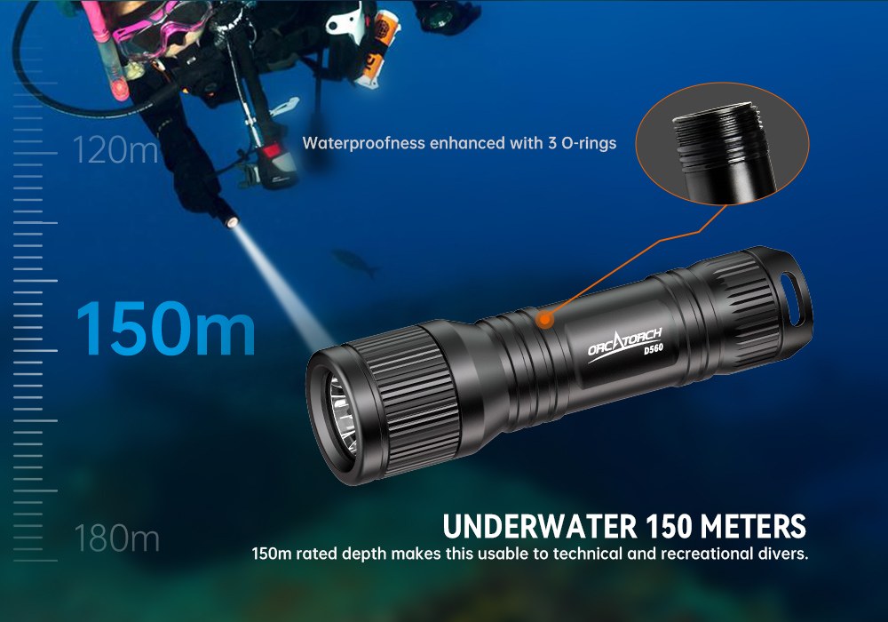OrcaTorch D560 Dive Light underwater 150m
