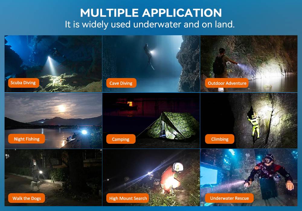 OrcaTorch D560 Dive Light multiple applications scuba diving, cave diving, outdoor adventures, night fishing, camping, climbing, walk the dogs, high mount search, underwater rescue