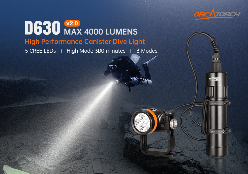 OrcaTorch D630 v2.0 canister dive light max 4000 lumens