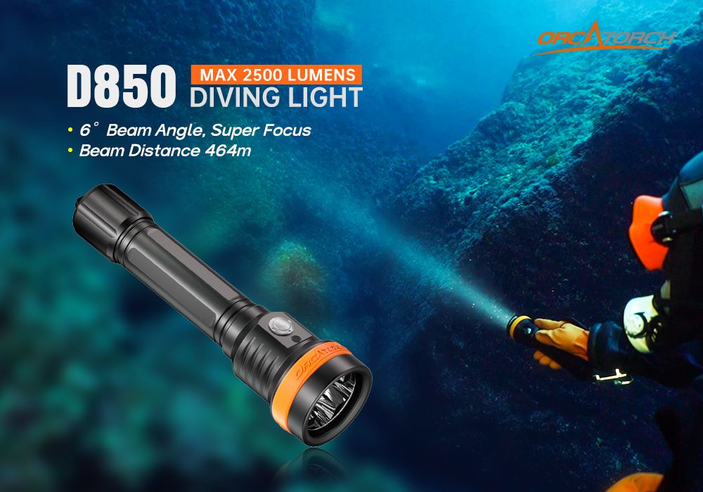 OrcaTorch D850 Dive Light 2500 lumens 6° beam angle 464m