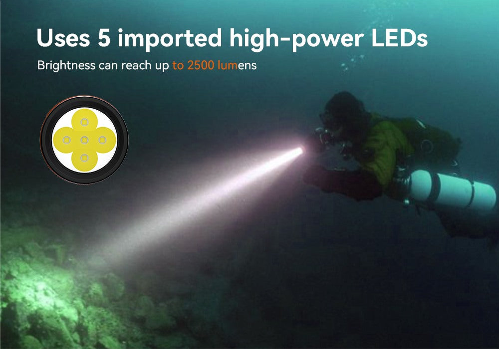 OrcaTorch D850 Dive Light uses 5 imported high-poer LEDS