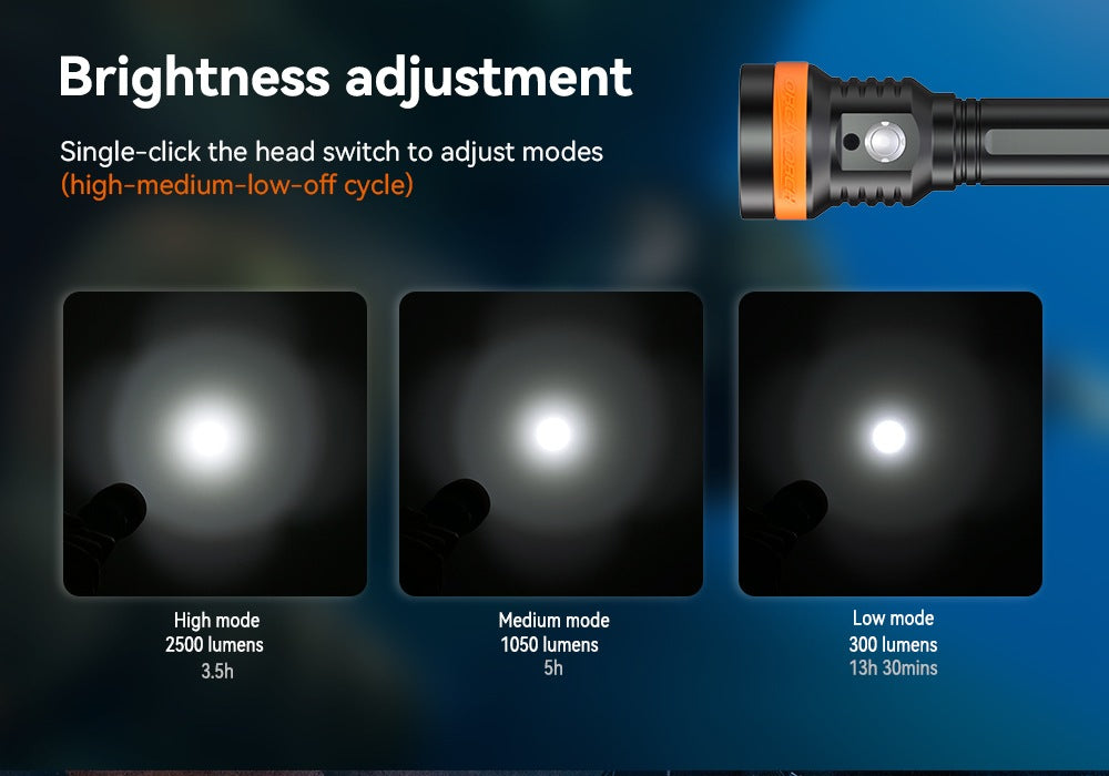 OrcaTorch D850 Dive Light brightness adjustment high-medium-low-off