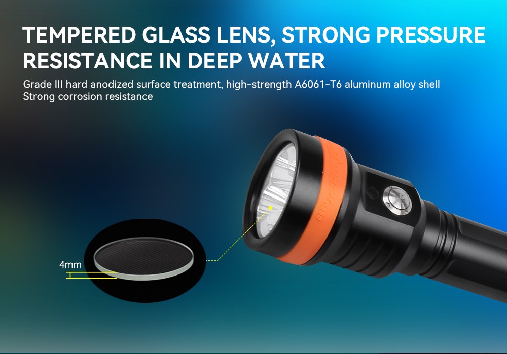 OrcaTorch D850 Dive Light tempered glass lens, strong pressure resistance in deep water