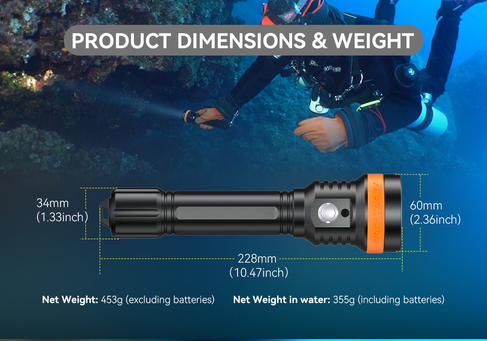 OrcaTorch D850 Dive Light product dimensions and weight