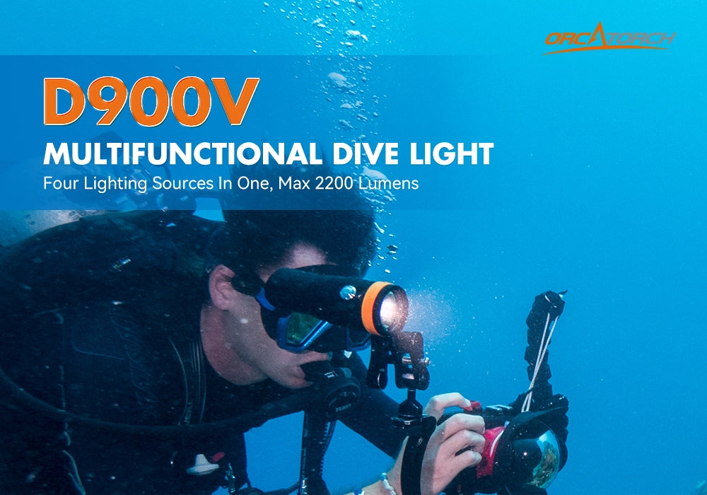 OrcaTorch D900V Multifunctional Video Dive Light, Four Lighting Sources in One, Max 2200 lumens
