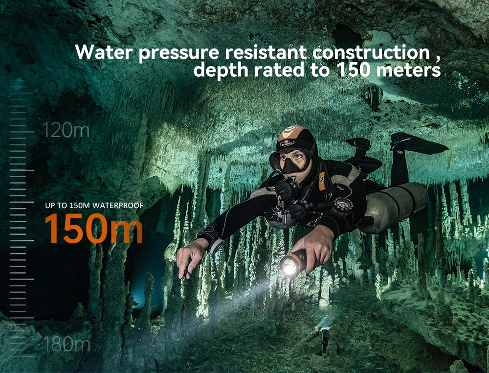 OrcaTorch D900V Dive Light Water pressure resistant construction, depth rated to 150 meters