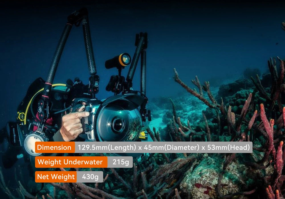 OrcaTorch D900V Dive Light Dimension and weight