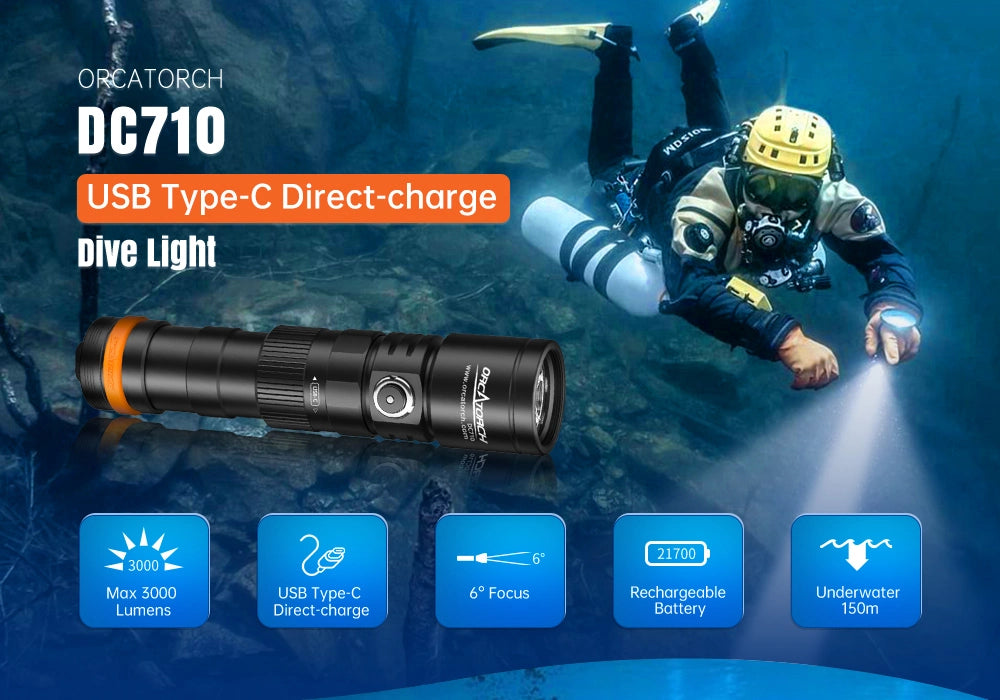 OrcaTorch DC710 USB Type-C Direct Charge Dive Light Max 3000 Lumens