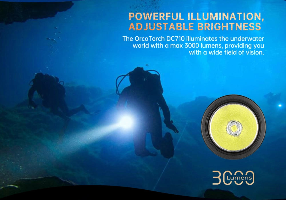 OrcaTorch DC710 Scuba Dive Light Powerful Illumination, adjustable brightness