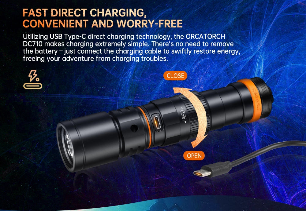 OrcaTorch DC710 Dive Light, Fast Direct Charging, Convenient and Worry-Free