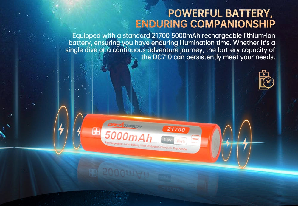 OrcaTorch DC710 Dive Light, 21700 5000mAh Rechargeable Li-ion battery