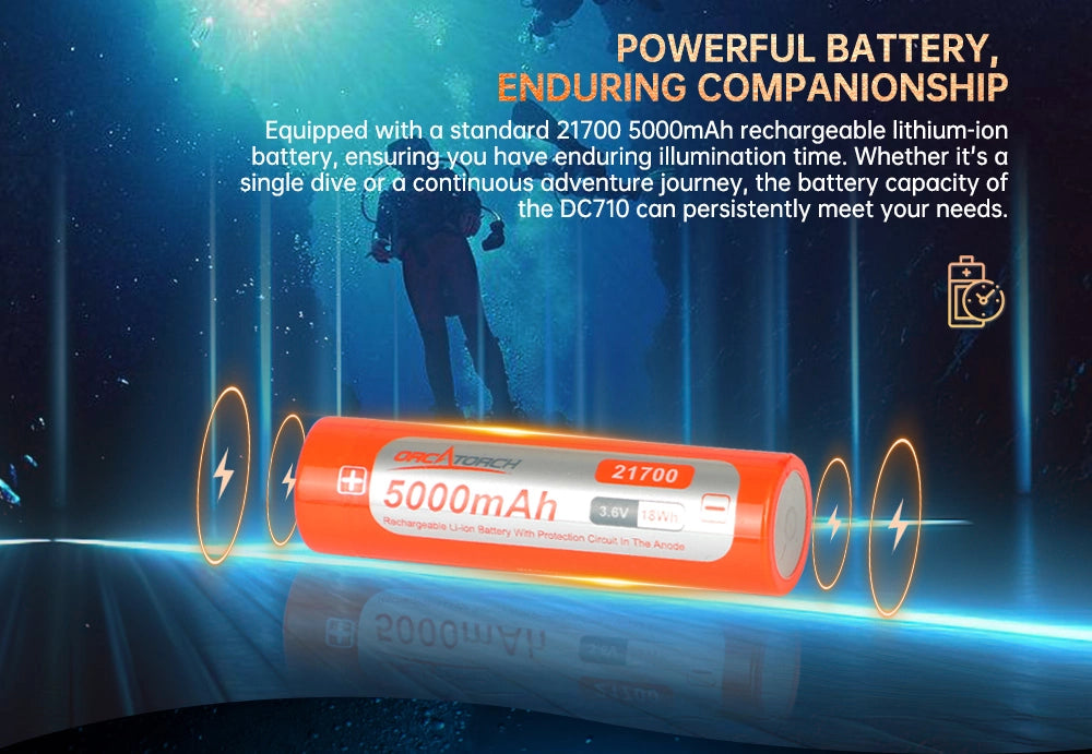 OrcaTorch DC710 Scuba Dive Light, 21700 5000mAh Rechargeable Li-ion battery