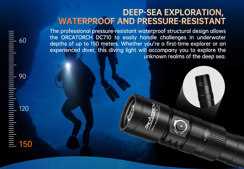 OrcaTorch DC710 Scuba Dive Light, Underwater 150m waterproof