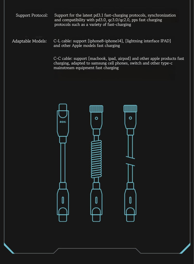 Aohi 140w Future Creative Power Cable 2.6m Super Fast Charge Spring Data Line Type-C iPhone 14 Pro Max iPad iPod Android Huawei