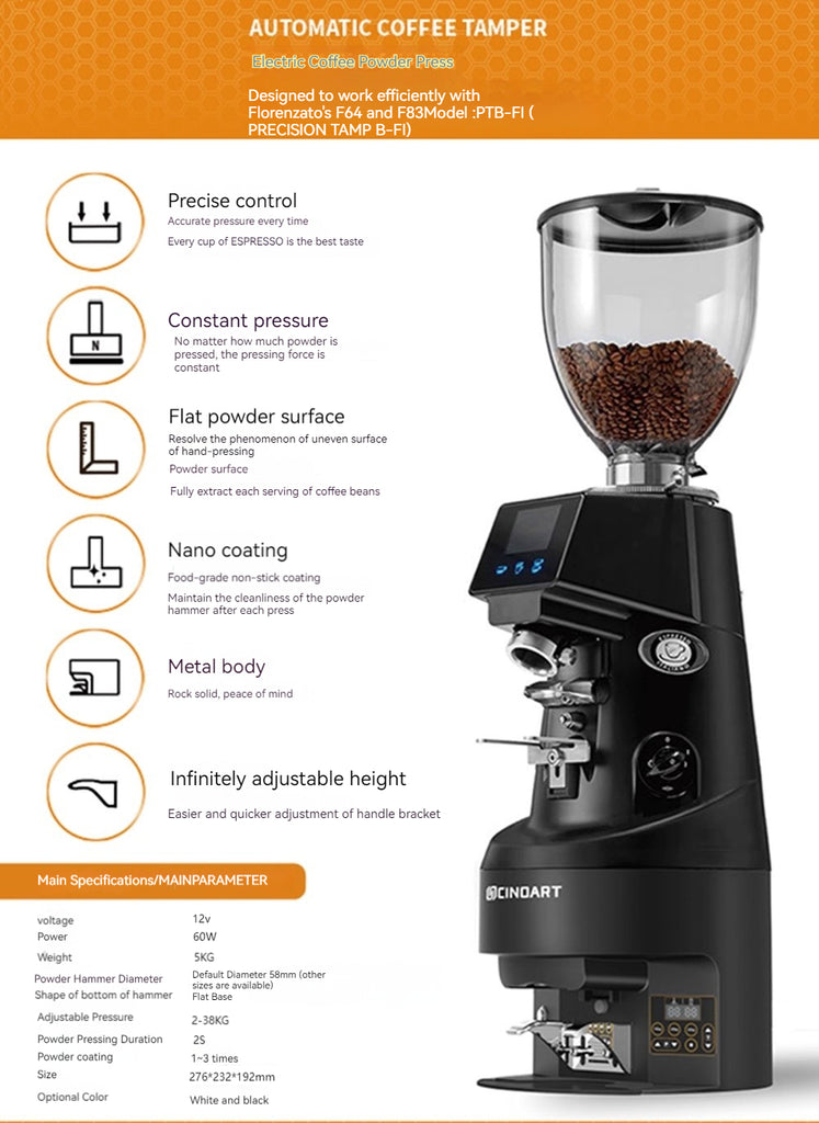 CINOART AUTOMATIC COFFEE TAMPER- BELOW FIORENZATO GRINDER-66