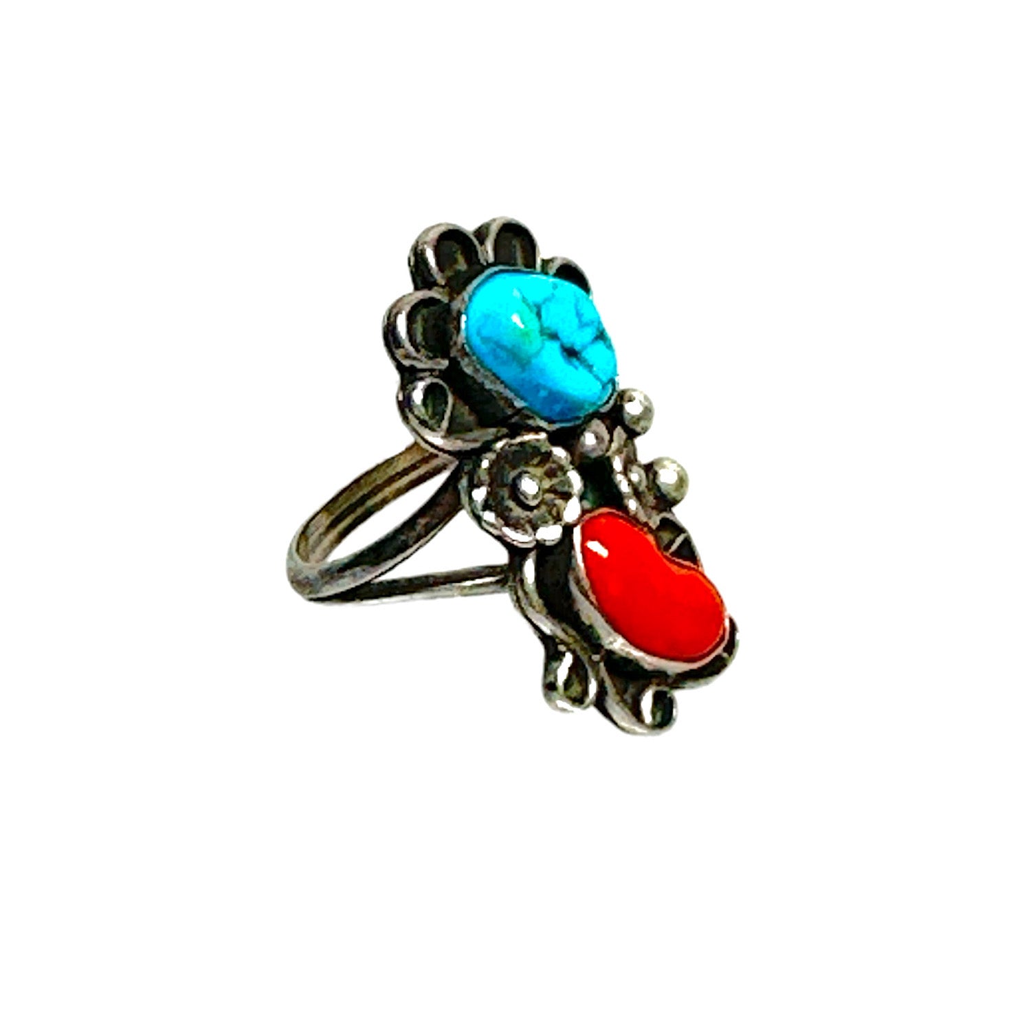 Old Pawn Navajo Split Shank Sterling Silver, Coral, & Turquoise Ring -?Sz. 6.5