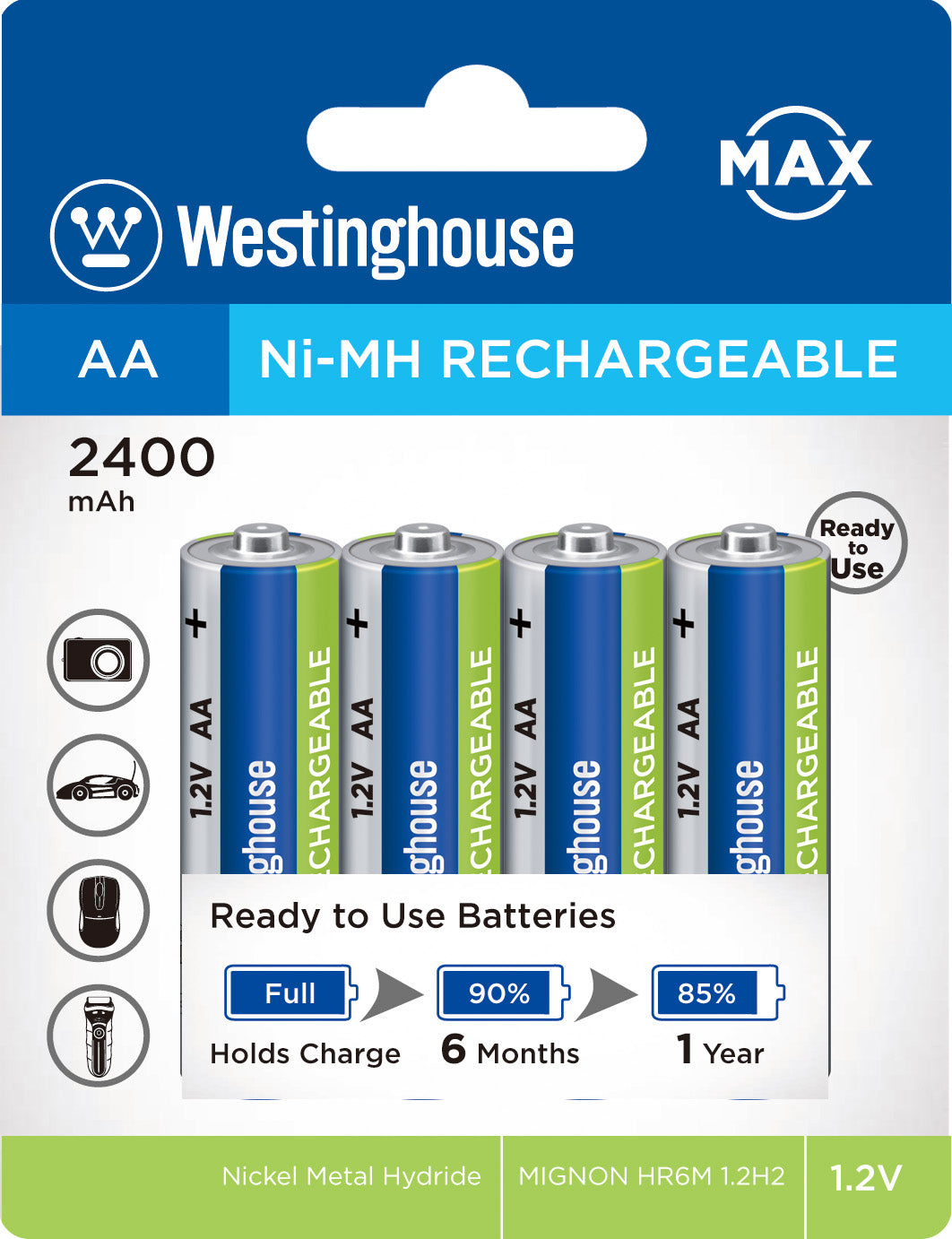 Westinghouse Always Ready AA Ni-Mh 2400mah Rechargeable Battery 4pk