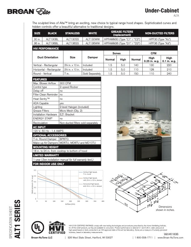 Broan-NuTone, LLC Broan Elite Alta I Series 30 in. Convertible Under Cabinet Range Hood in Black (ALT130BL)