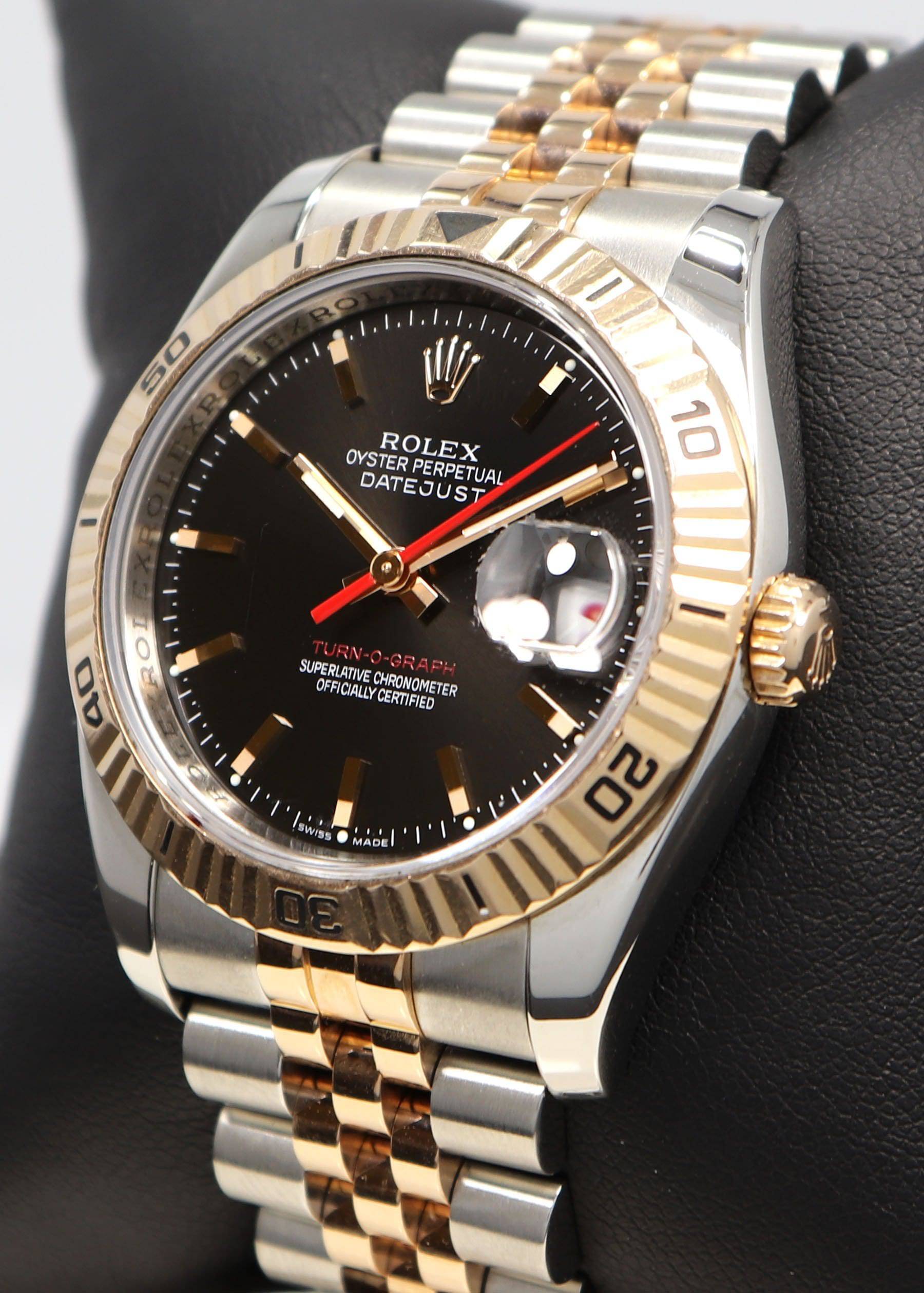 Rolex Datejust 116261 Turn-O-Graph Black Dial SS/ 18K Rose Gold Jubile Band Watch