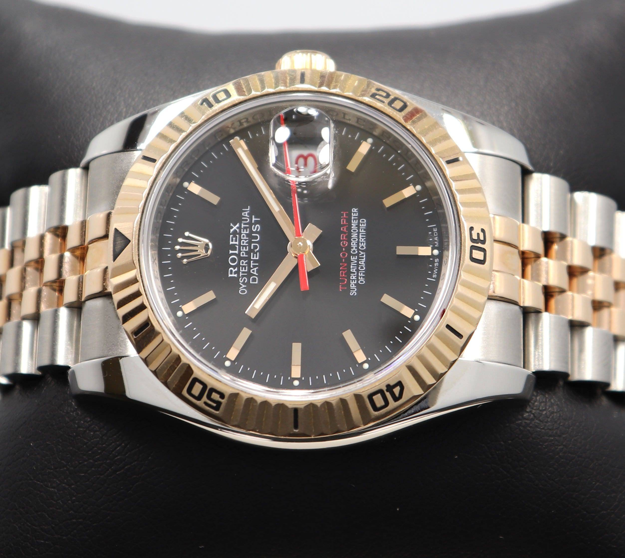 Rolex Datejust 116261 Turn-O-Graph Black Dial SS/ 18K Rose Gold Jubile Band Watch