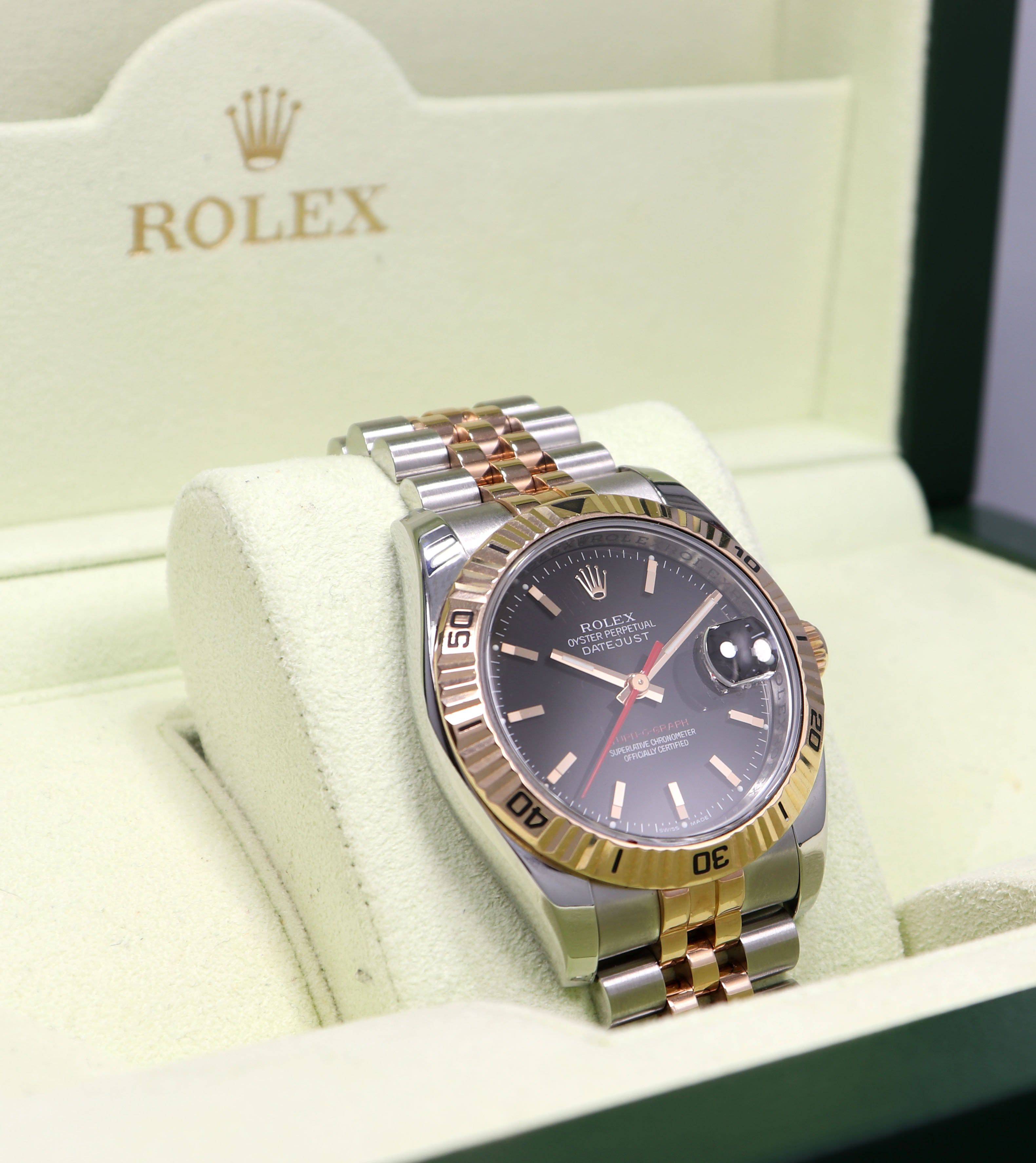 Rolex Datejust 116261 Turn-O-Graph Black Dial SS/ 18K Rose Gold Jubile Band Watch