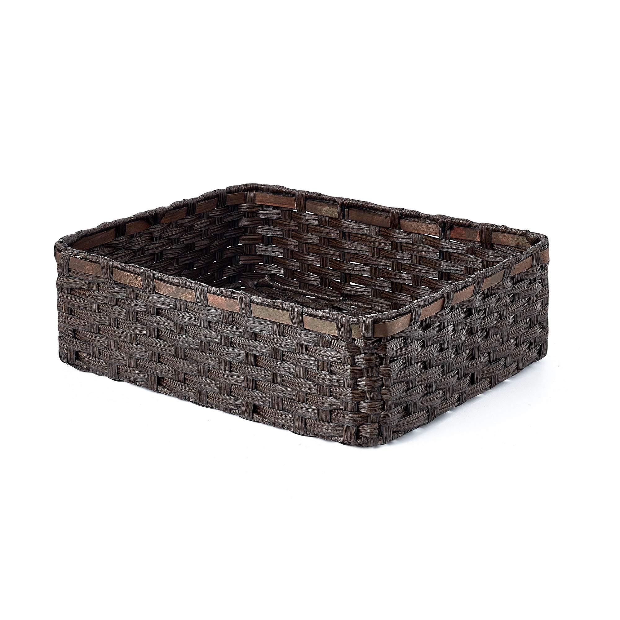 Home Outfitters S/3 Rect Faux Wicker Basket W/ Wood Top Edge, Brown