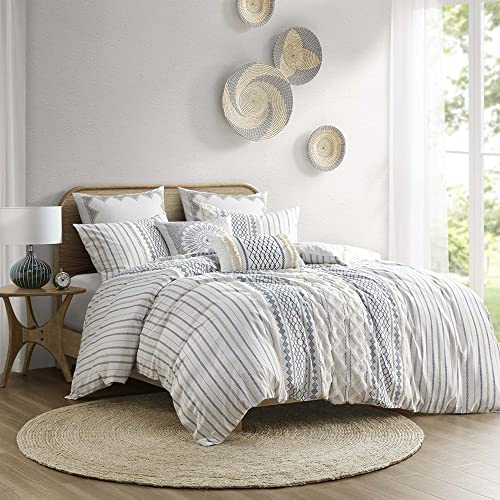 INK+IVY Imani 100% Cotton Farmhouse Comforter Mid Century Modern Design Chenille Tufted All Season Bedding Set, Matching Shams, Full/Queen Geometric Prints Navy 3 Piece