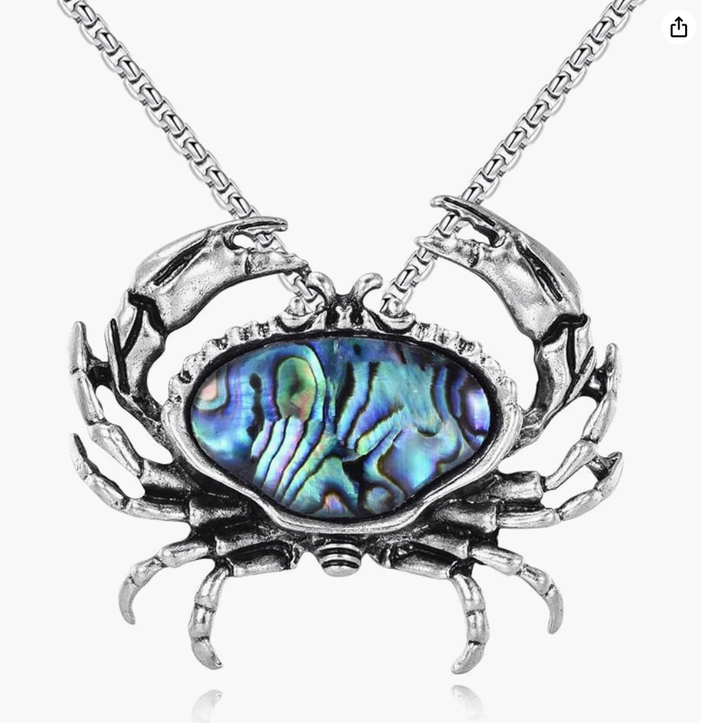 Abalone Crab Pendant Necklace Sea Crab Jewelry Beach Crab Chain Birthday Gift Stainless Steel 18in.