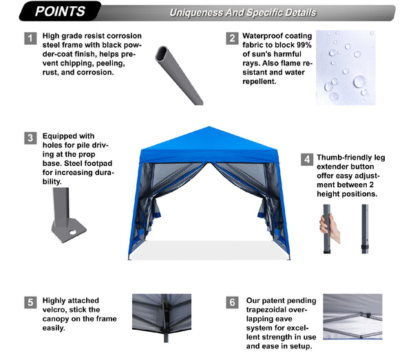 ABCCANOPY Outdoor Slant Camping Canopy Tent with Mesh Walls - 10x10, 12x12